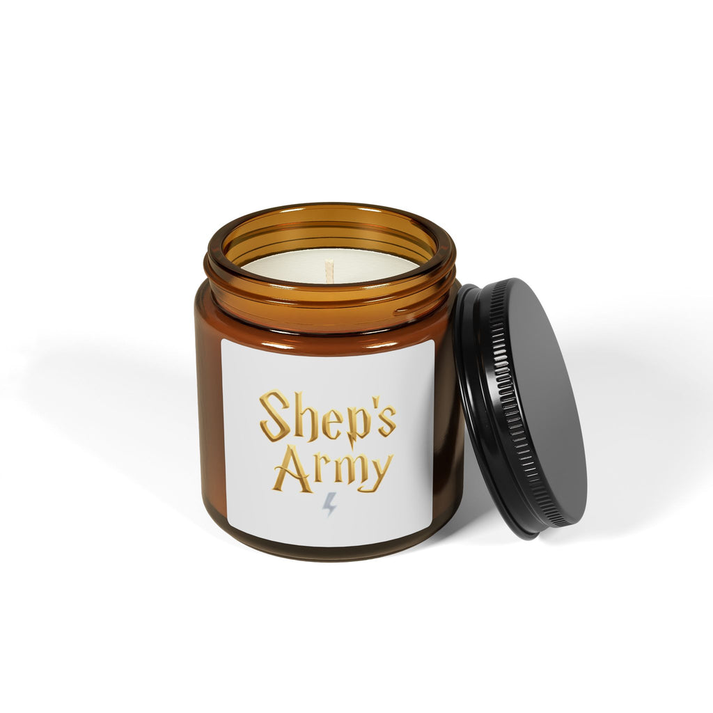 Shep's Army Candle amber jar, scented soy candle