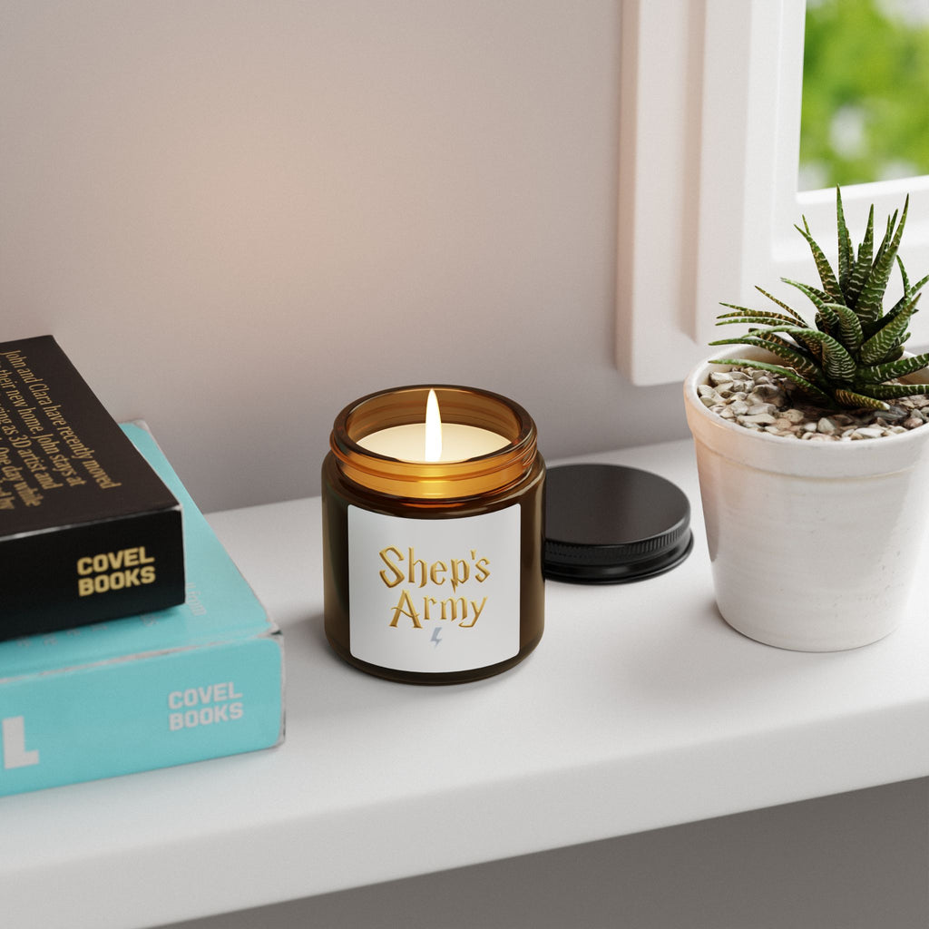 Shep's Army Candle amber jar, scented soy candle