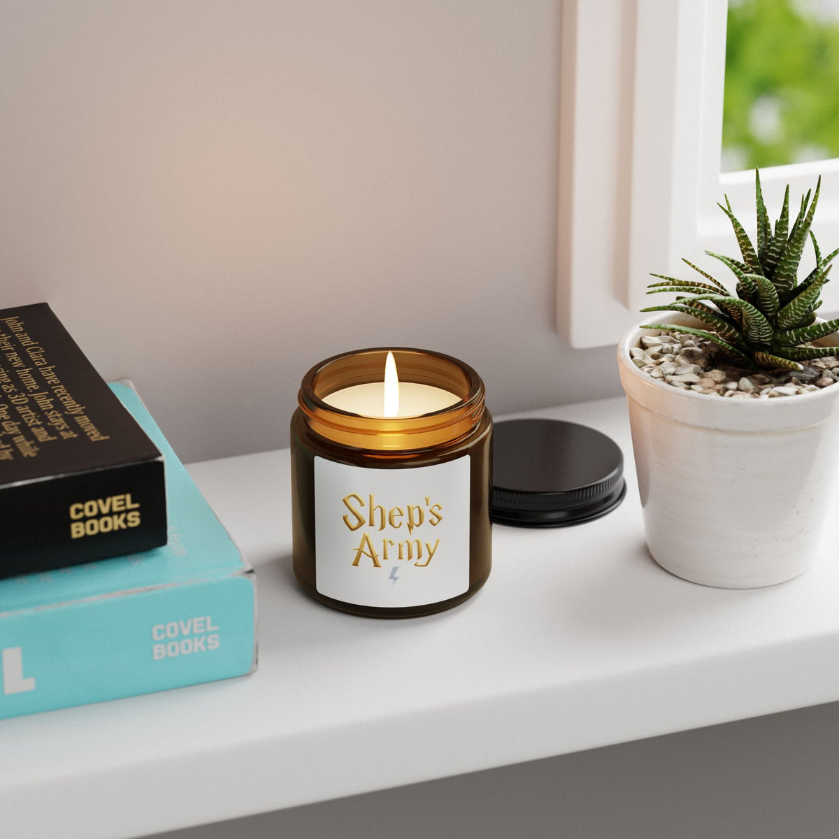 Shep's Army Candle amber jar, scented soy candle